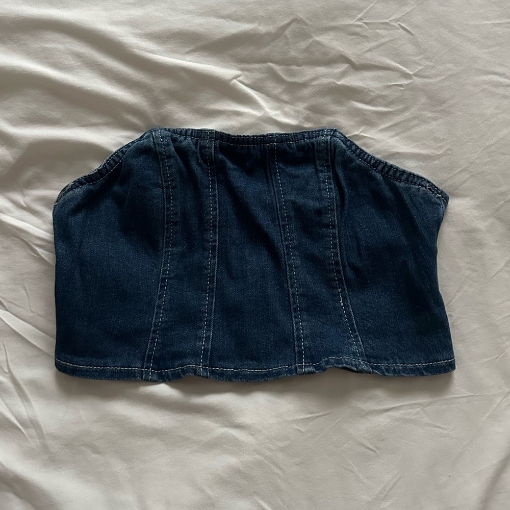 NWOT Denim Strapless Corset Crop Top - Dark Blue